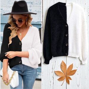 Black & White Contrast Button-Front V-Neck Cardigan NEW - Woven Right